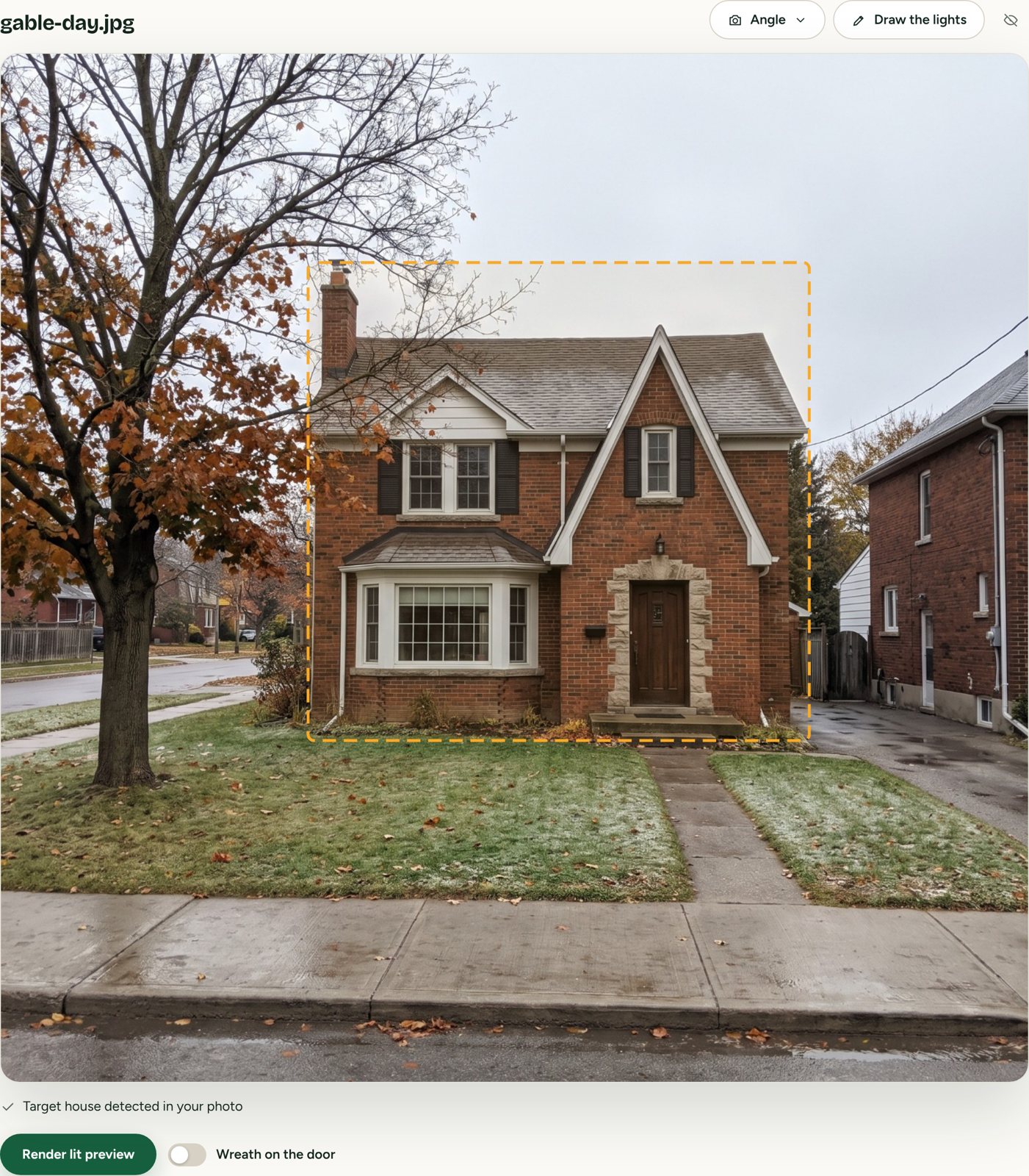 The app showing a street photo with the target house outlined and the match details underneath