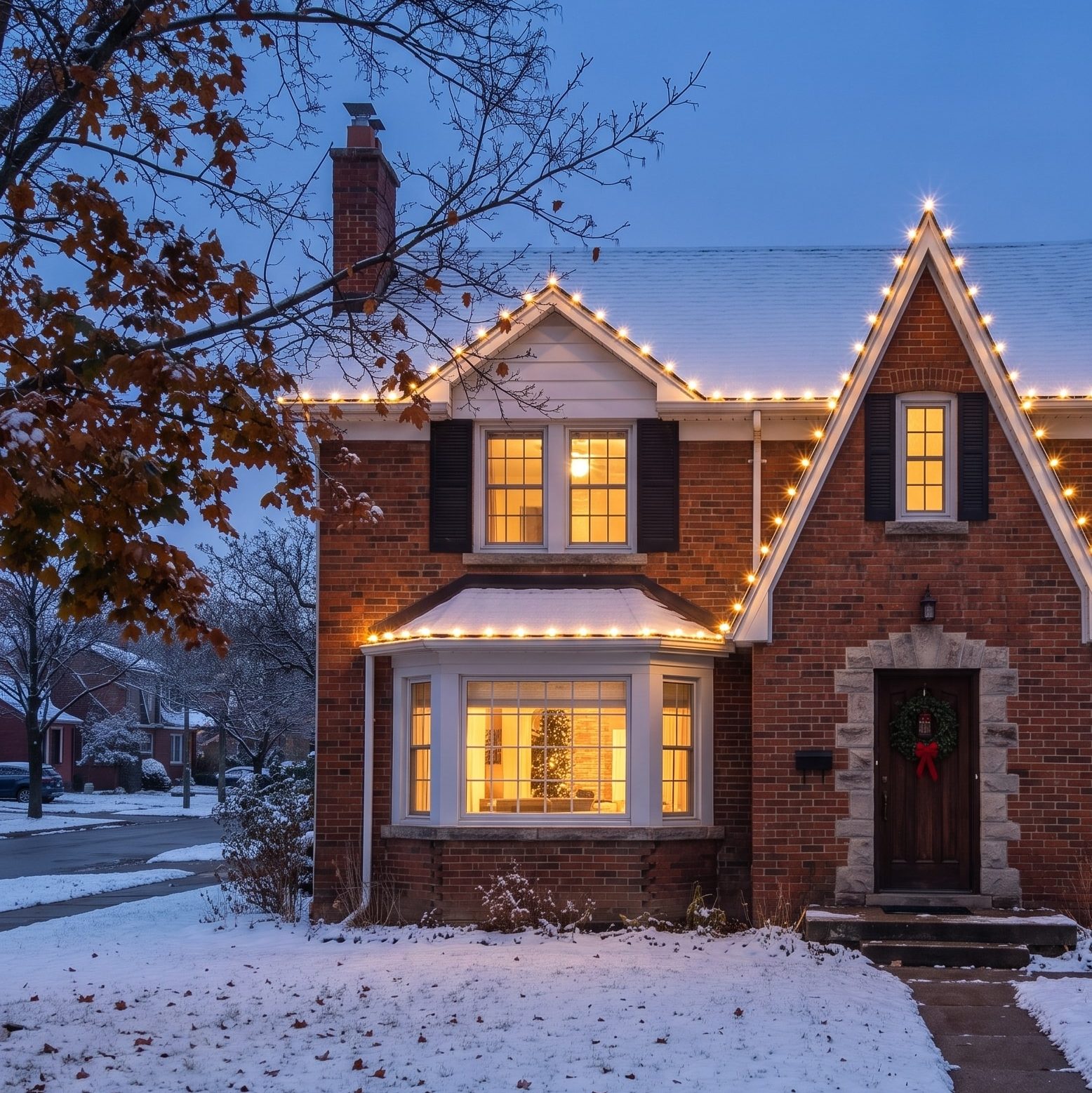 The same house at twilight with warm-white C9 lights along the roofline and a wreath on the door